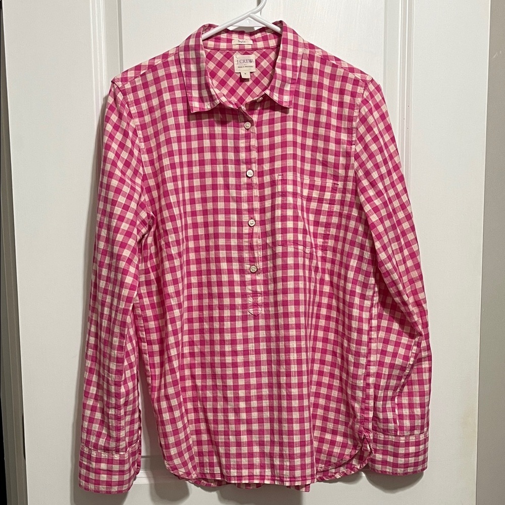 J. Crew Factory Pink Gingham Gauze Shirt Boy Fit Medium